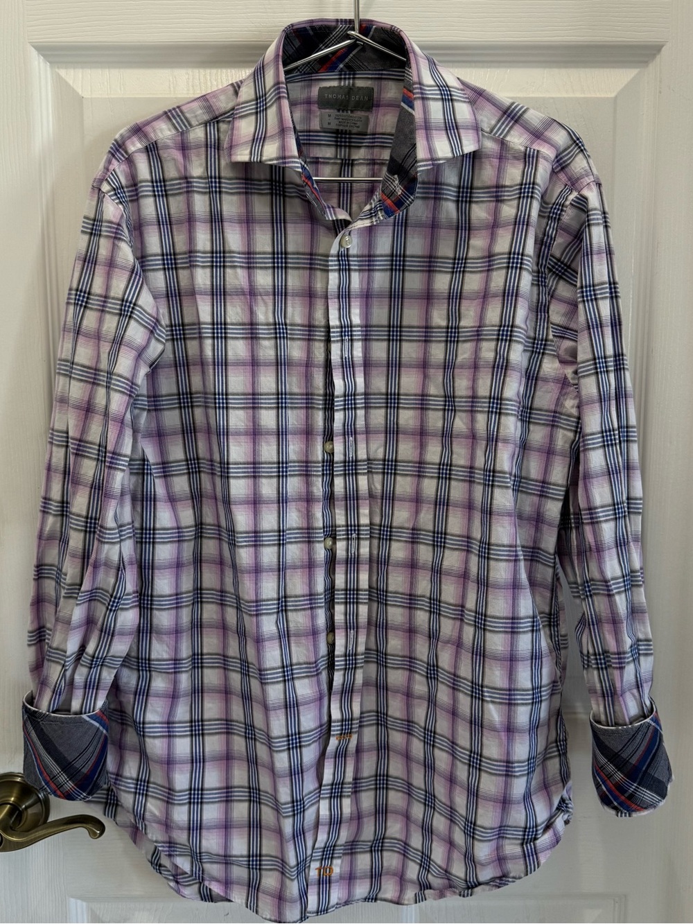 Thomas Dean Purple and Blue Plaid Button-Down Shirt
